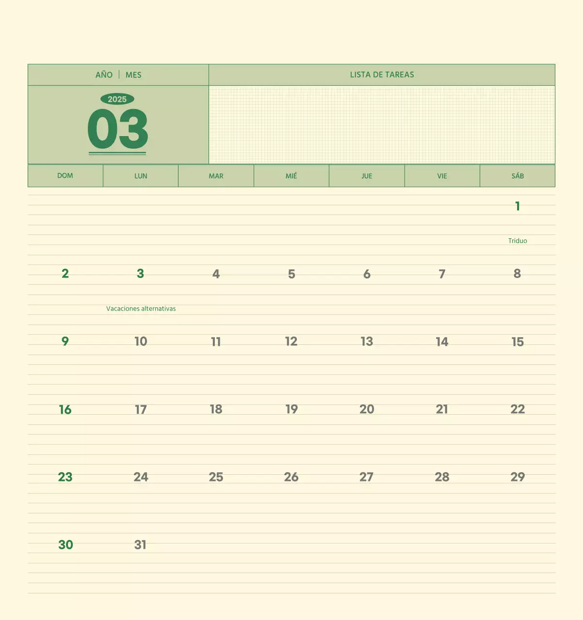 SAT Calendario de pared con concepto de bloc de notas del Día D en verde y amarillo claro