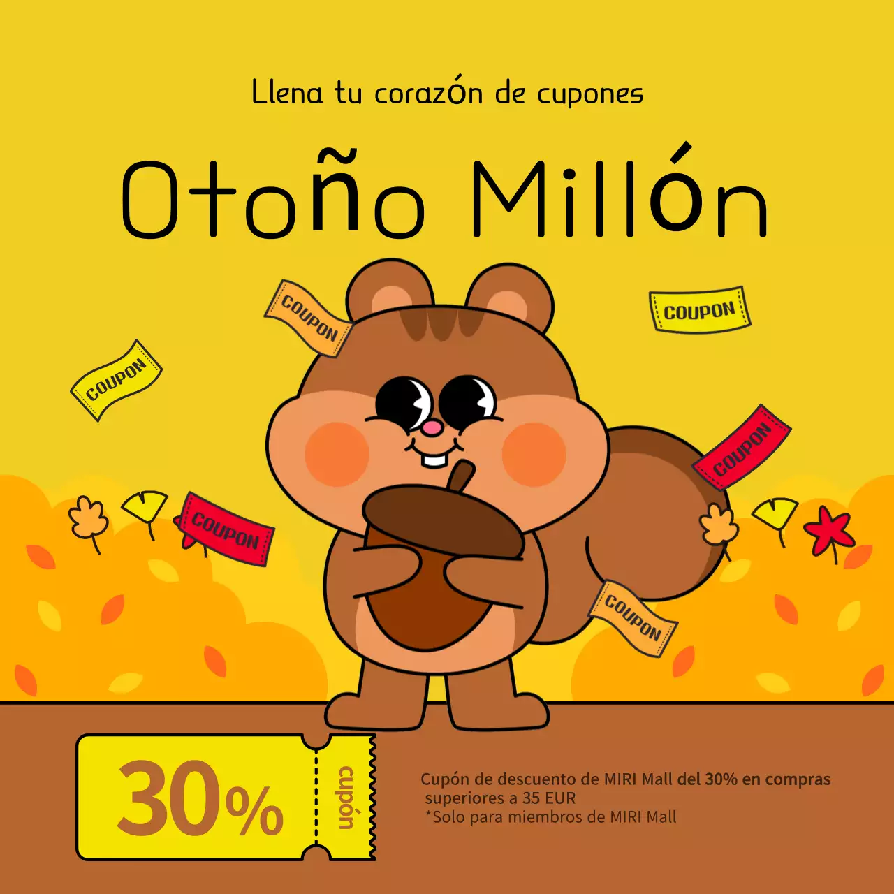 Un pop-artístico anuncio otoñal de oferta de cupones en amarillo y marrón