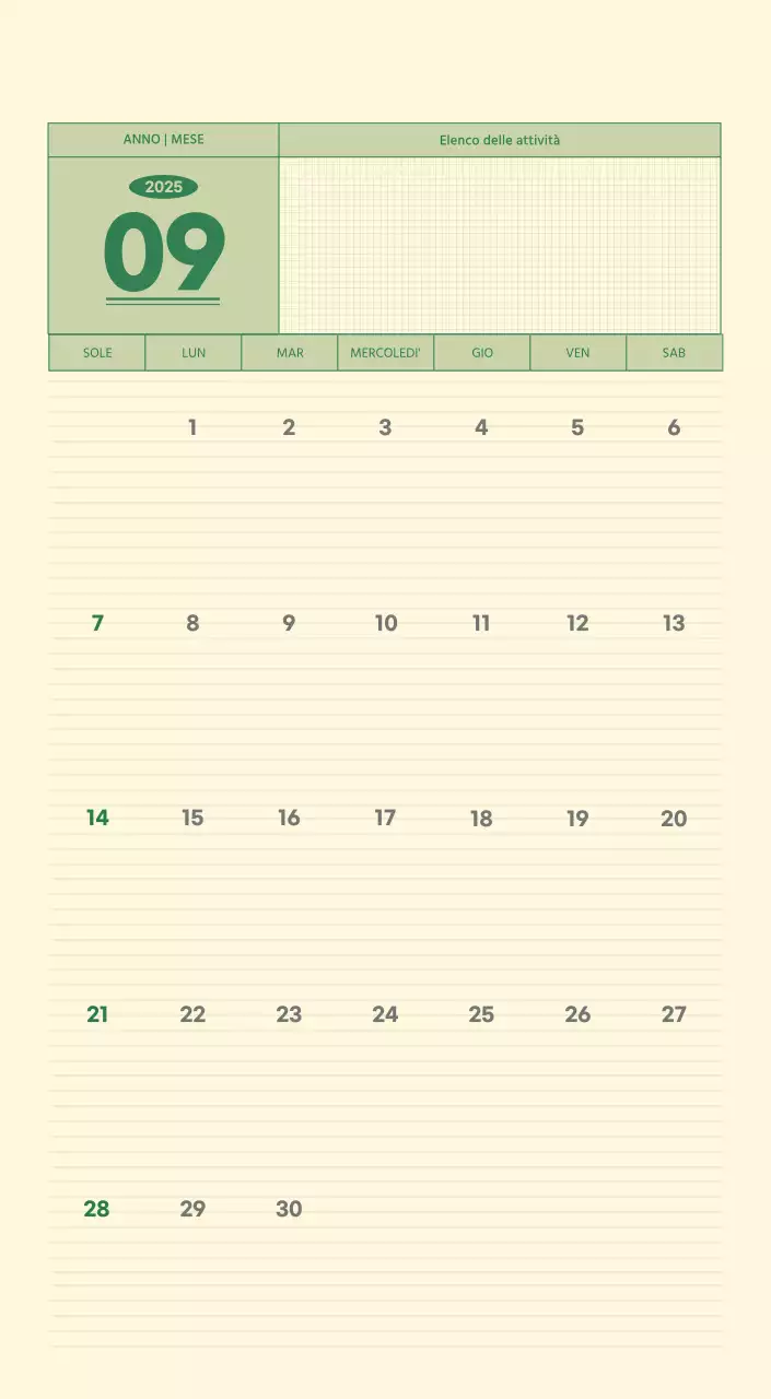 Calendario da parete SAT D-Day concept in verde e giallo chiaro