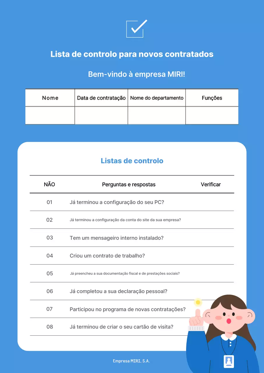 Lista de controlo simples azul para novas contratações