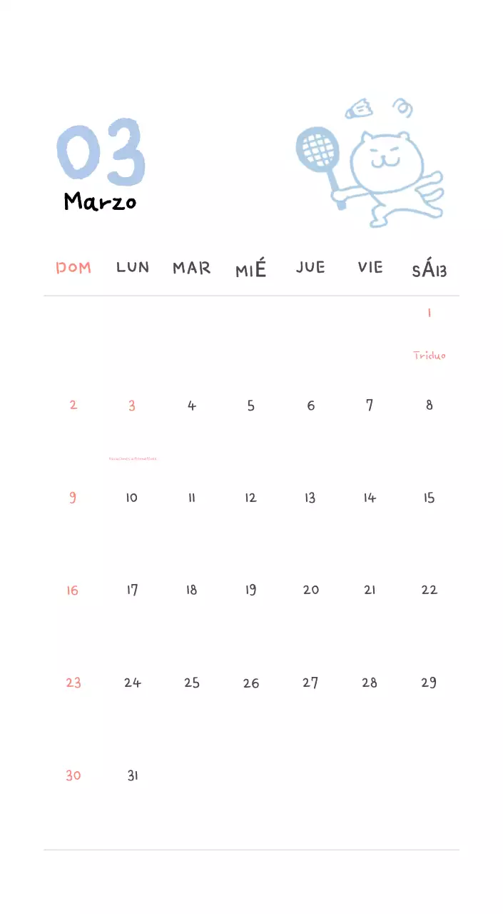 Calendario diario en marfil
