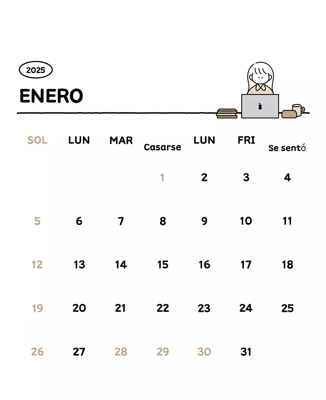 Calendario ilustrado con un bonito estilo de líneas