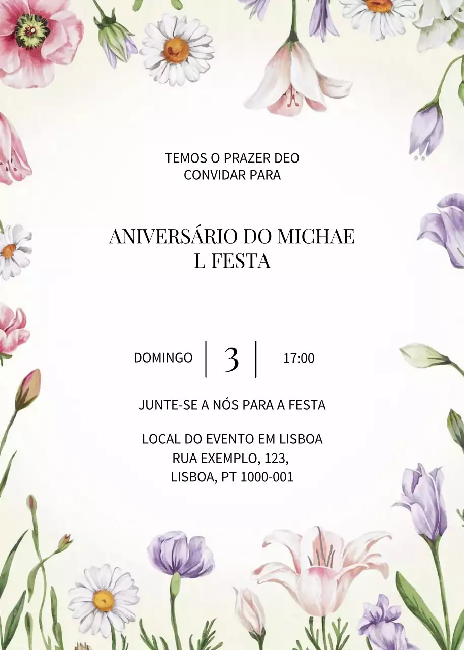 Convite de aniversário floral branco