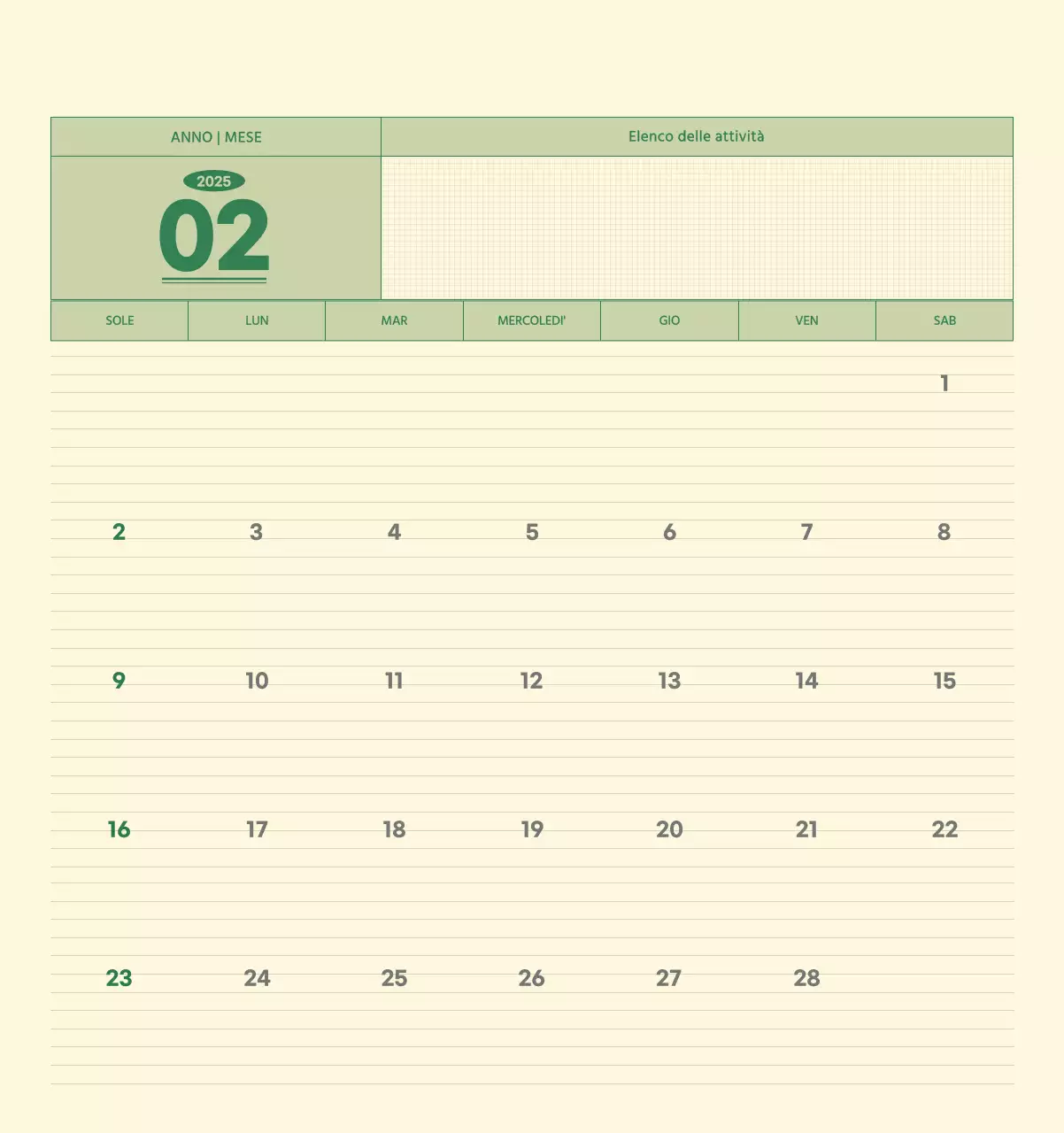 Calendario da parete SAT D-Day concept in verde e giallo chiaro