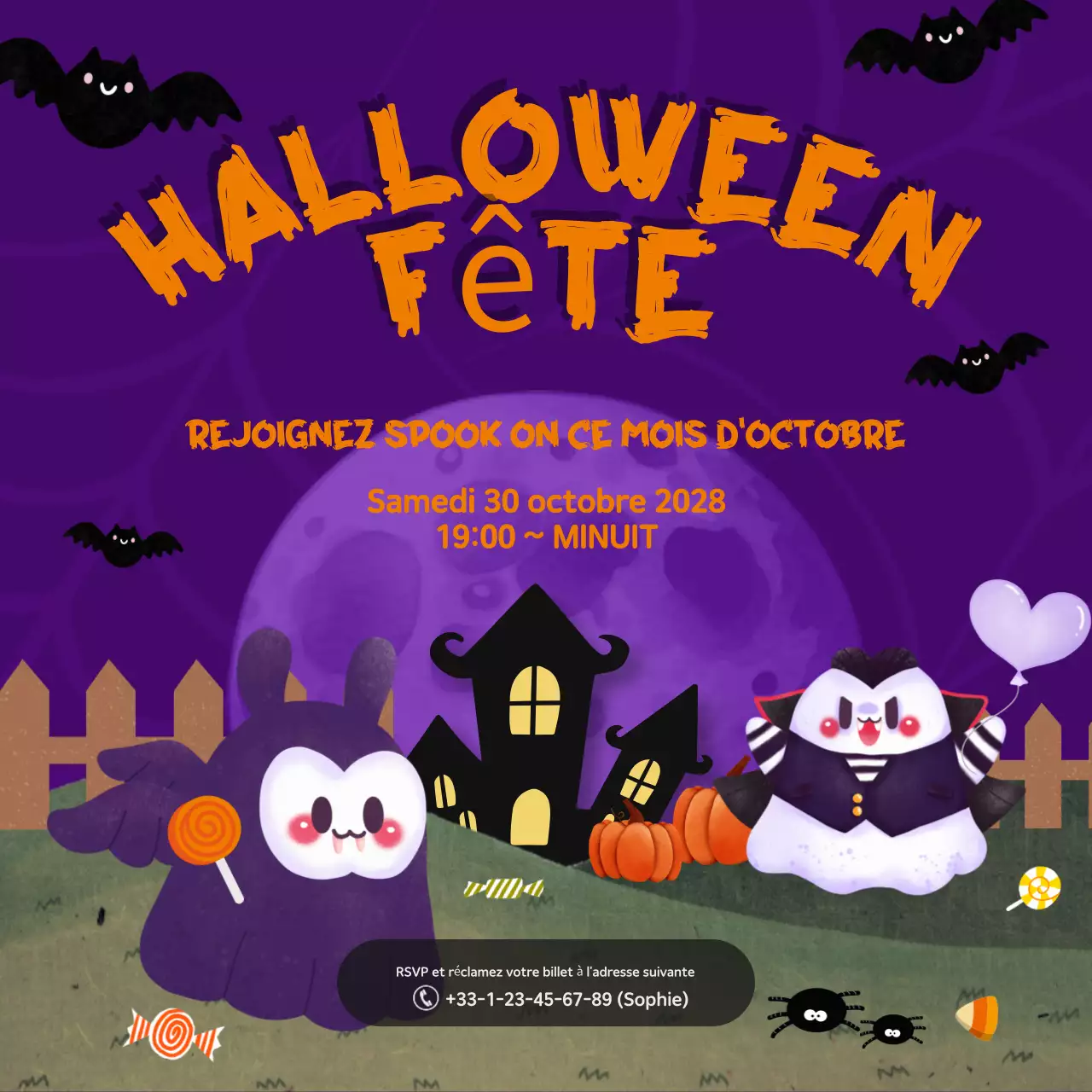 Post Instagram illustrant la fête d'Halloween en violet et orange