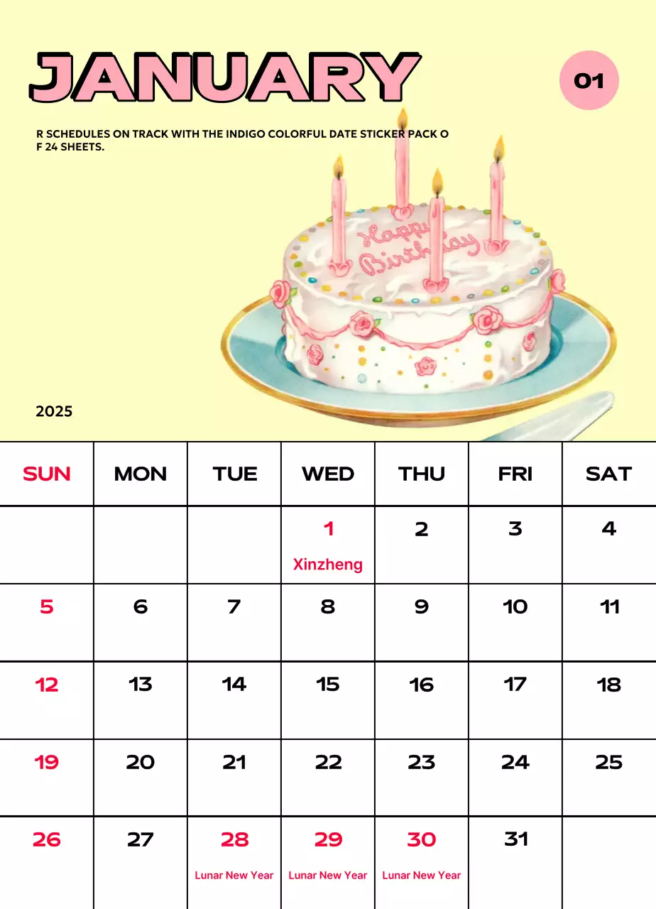 Kalender penuh warna dengan berbagai ilustrasi retro