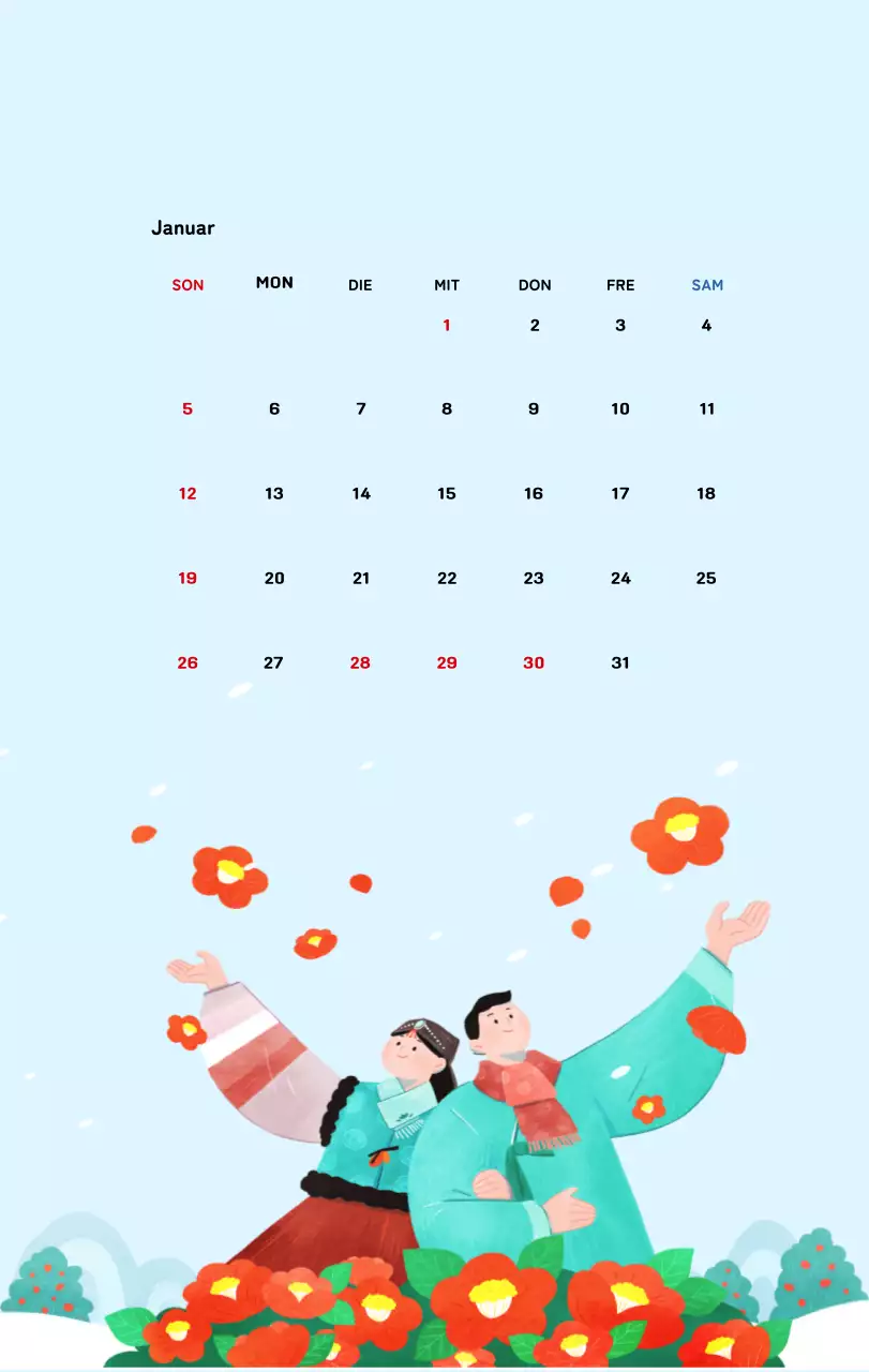Neujahrskalender mit warmen Illustrationen