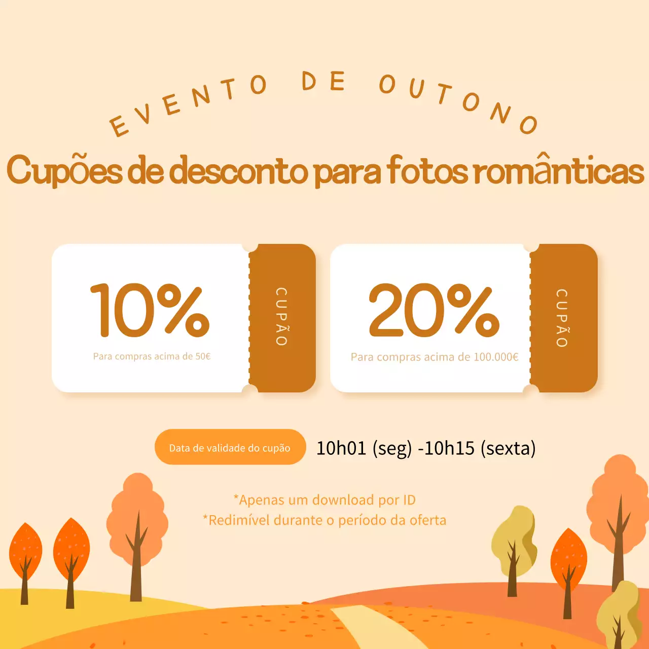 Laranja e castanho para um evento outonal com uma oferta de cupão