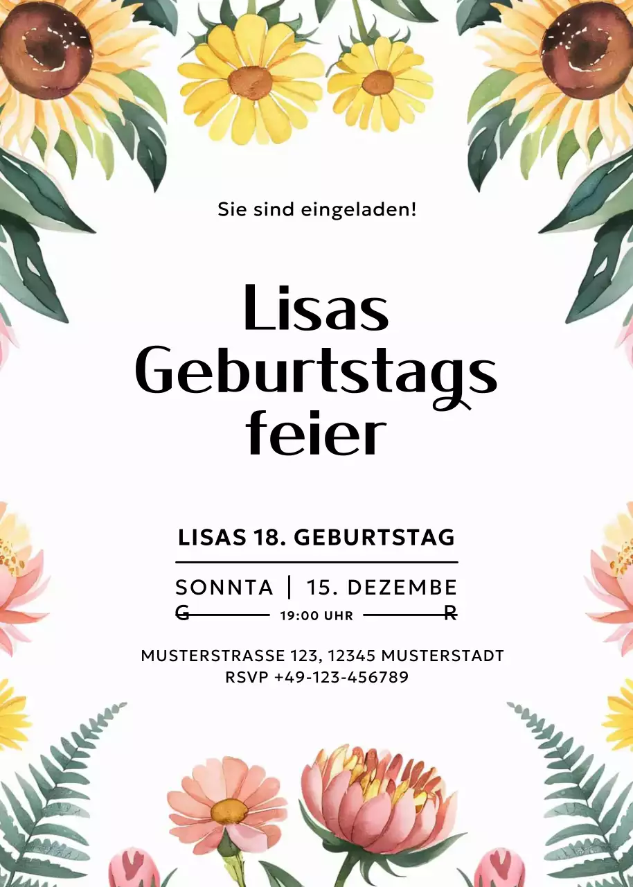 Weiß geblümte Geburtstagseinladung