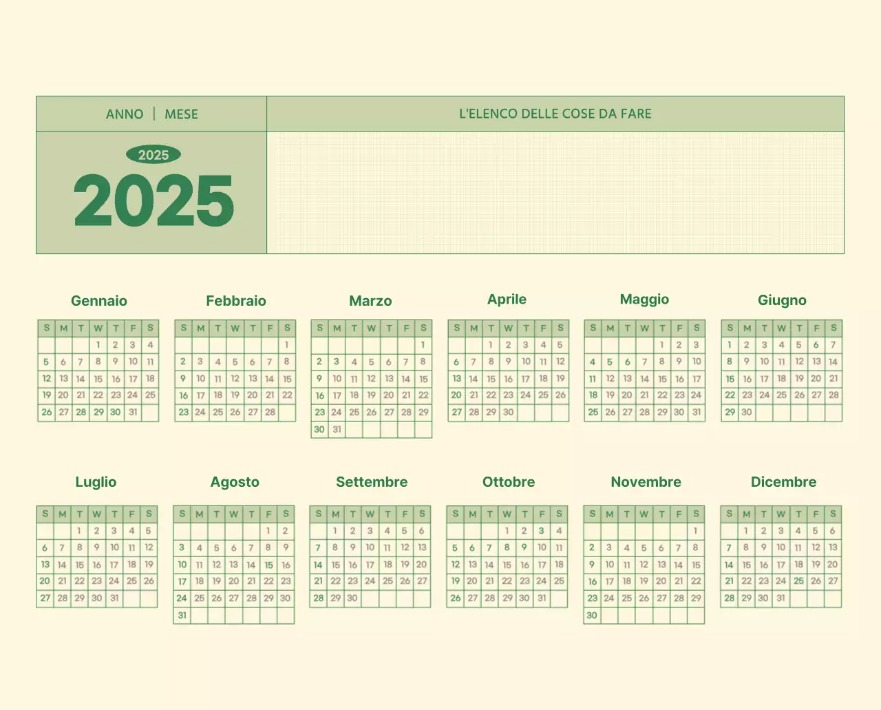 Calendario da parete SAT D-Day concept in verde e giallo chiaro