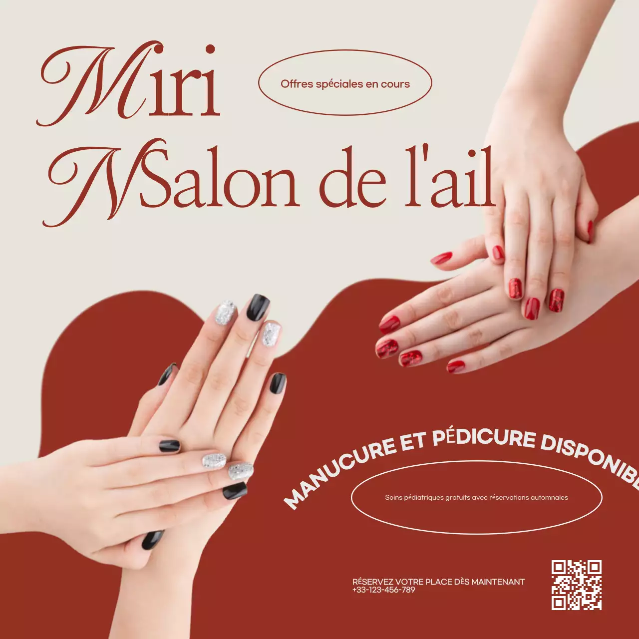 Poste Instagram de la promotion d'un salon de manucure simple, rouge et beige