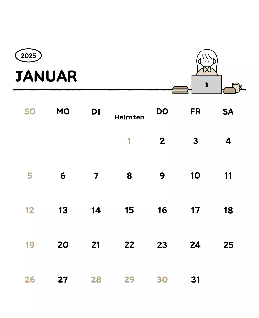 Illustrierter Kalender mit schönem Linienstil