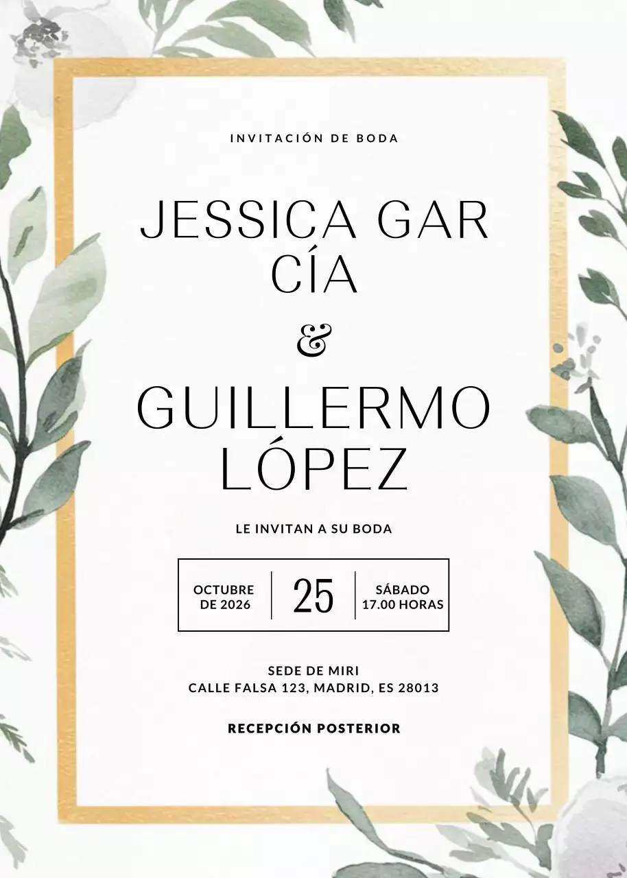 elegante invitación de boda dorada