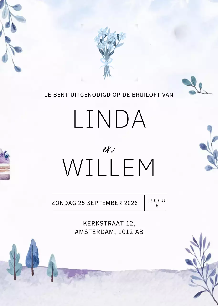 Blauwe elegante huwelijksuitnodiging