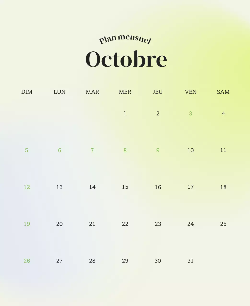 Calendrier minimaliste dégradé