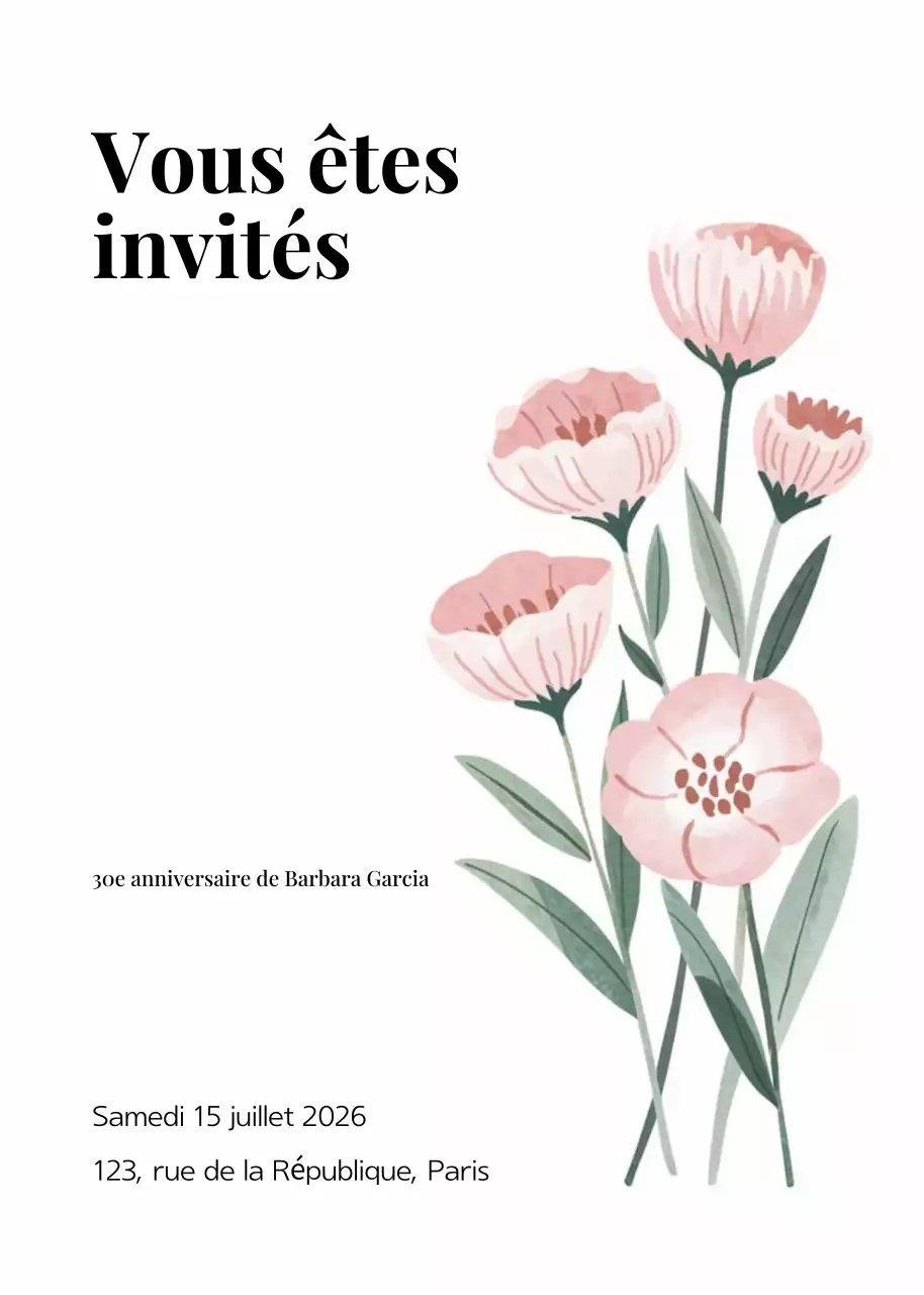 Invitation d'anniversaire florale rose