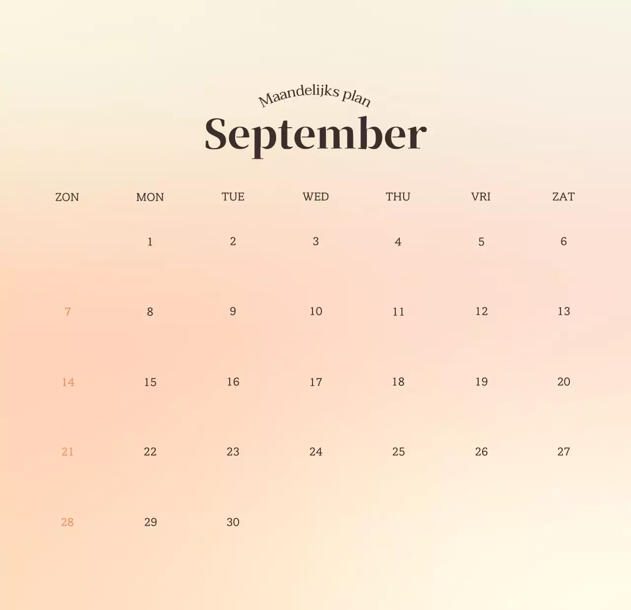 Minimalistische kalender met kleurverloop