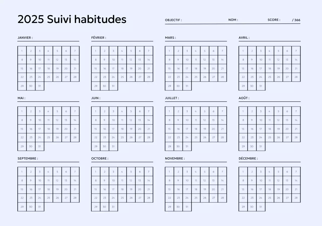 Calendrier minimaliste de suivi des objectifs sur fond violet pastel