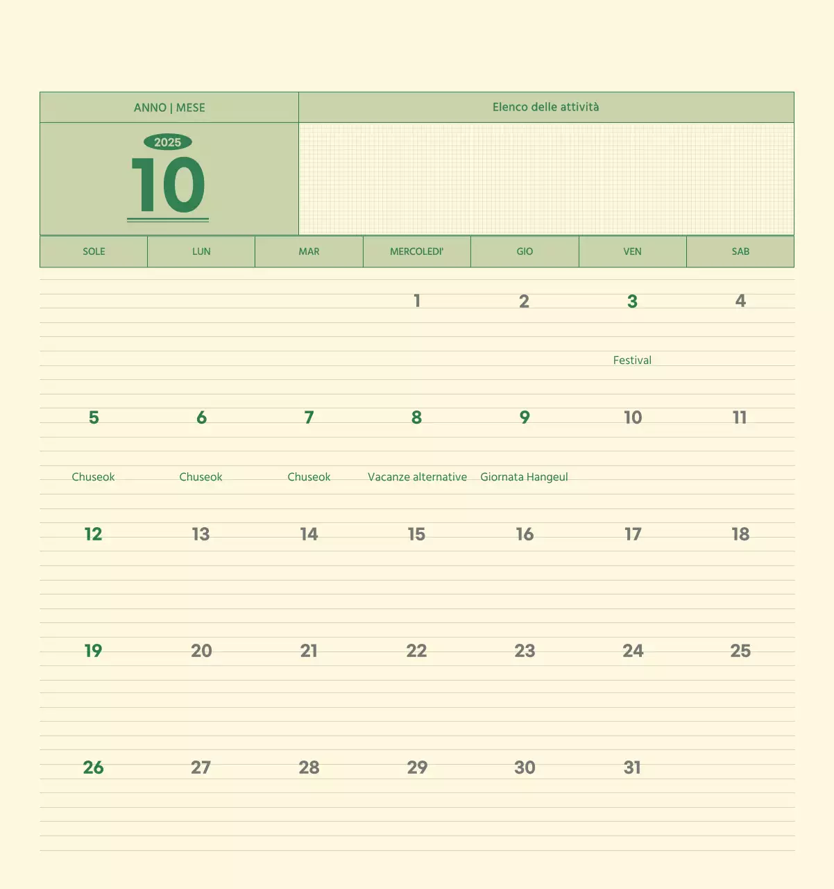 Calendario da parete SAT D-Day concept in verde e giallo chiaro