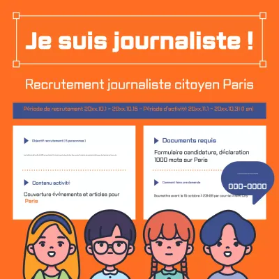 Avis de recrutement de journalistes citoyens orange et bleu marine