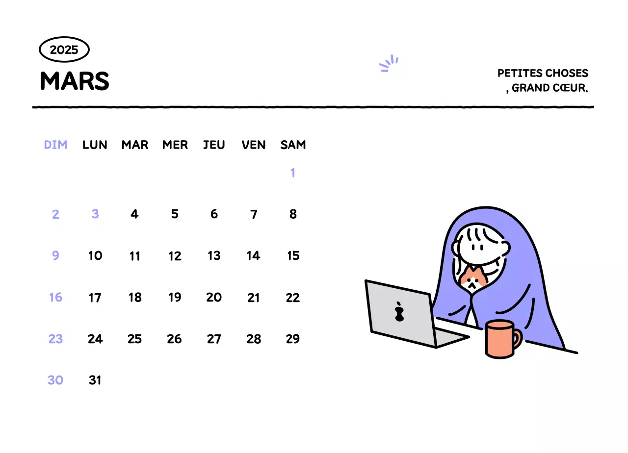 Calendrier illustré avec un joli style de lignes