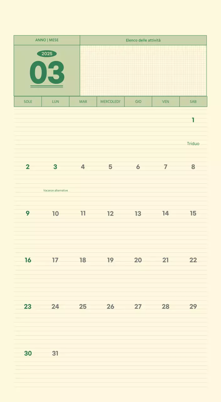 Calendario da parete SAT D-Day concept in verde e giallo chiaro