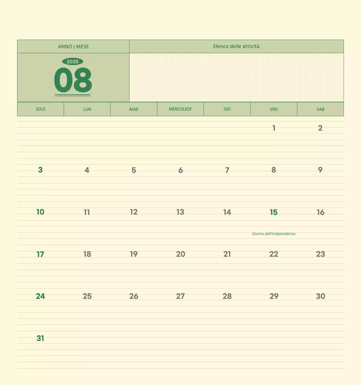 Calendario da parete SAT D-Day concept in verde e giallo chiaro