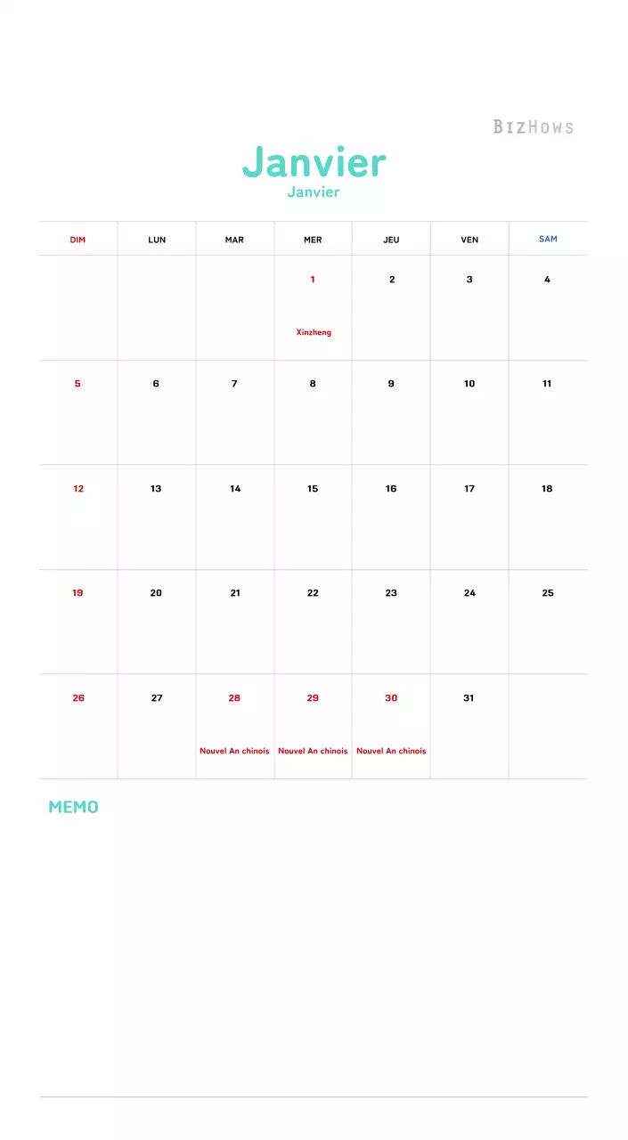 Calendrier du Nouvel An avec illustrations chaleureuses