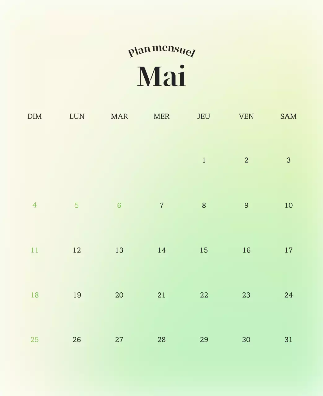 Calendrier minimaliste dégradé