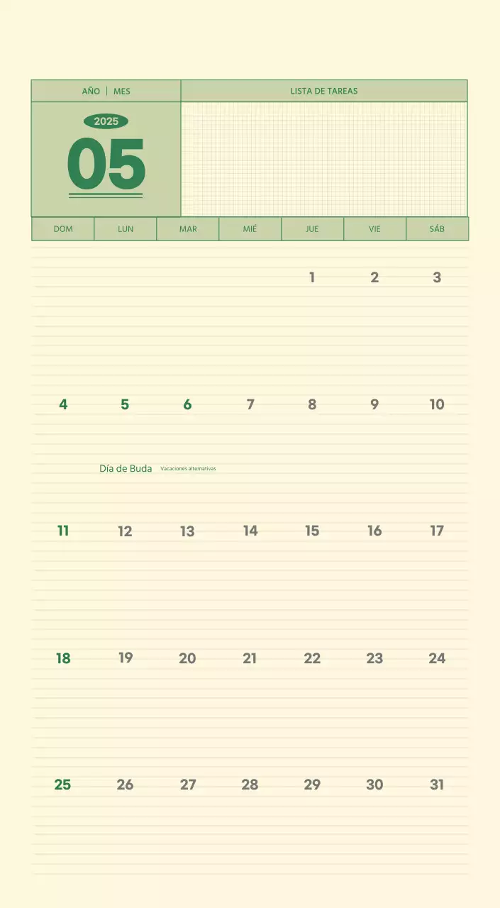 SAT Calendario de pared con concepto de bloc de notas del Día D en verde y amarillo claro
