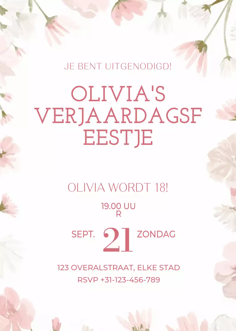 roze gebloemde verjaardagsuitnodiging