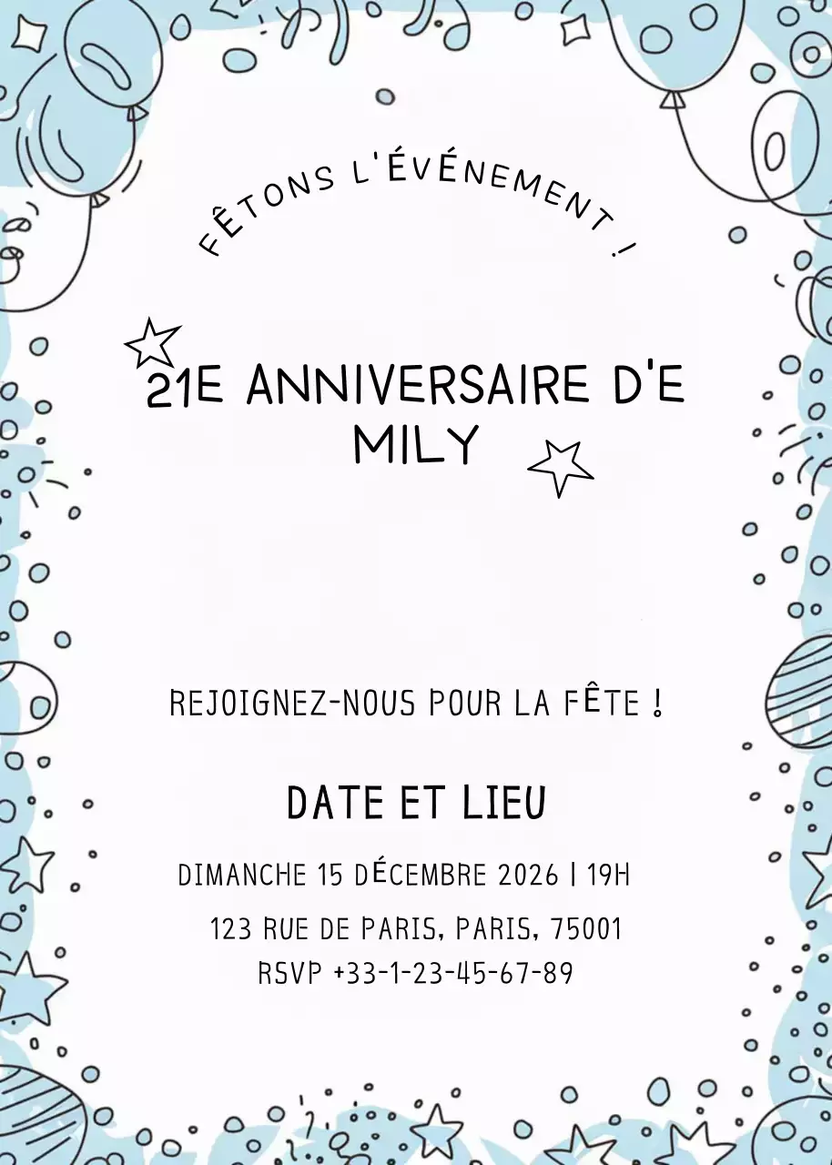 invitation d'anniversaire minimale bleue
