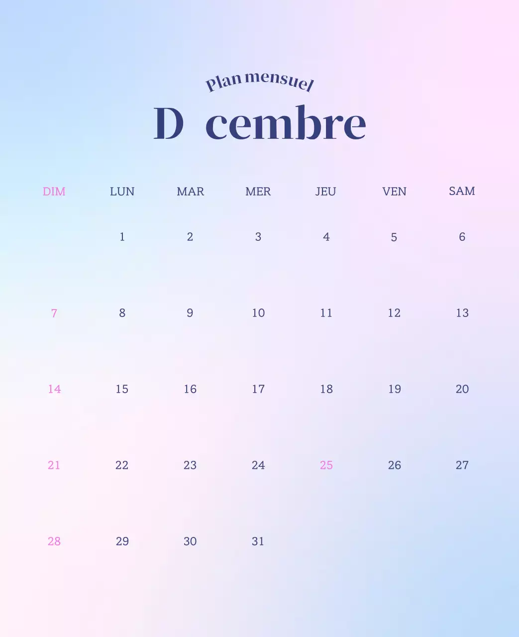 Calendrier minimaliste dégradé