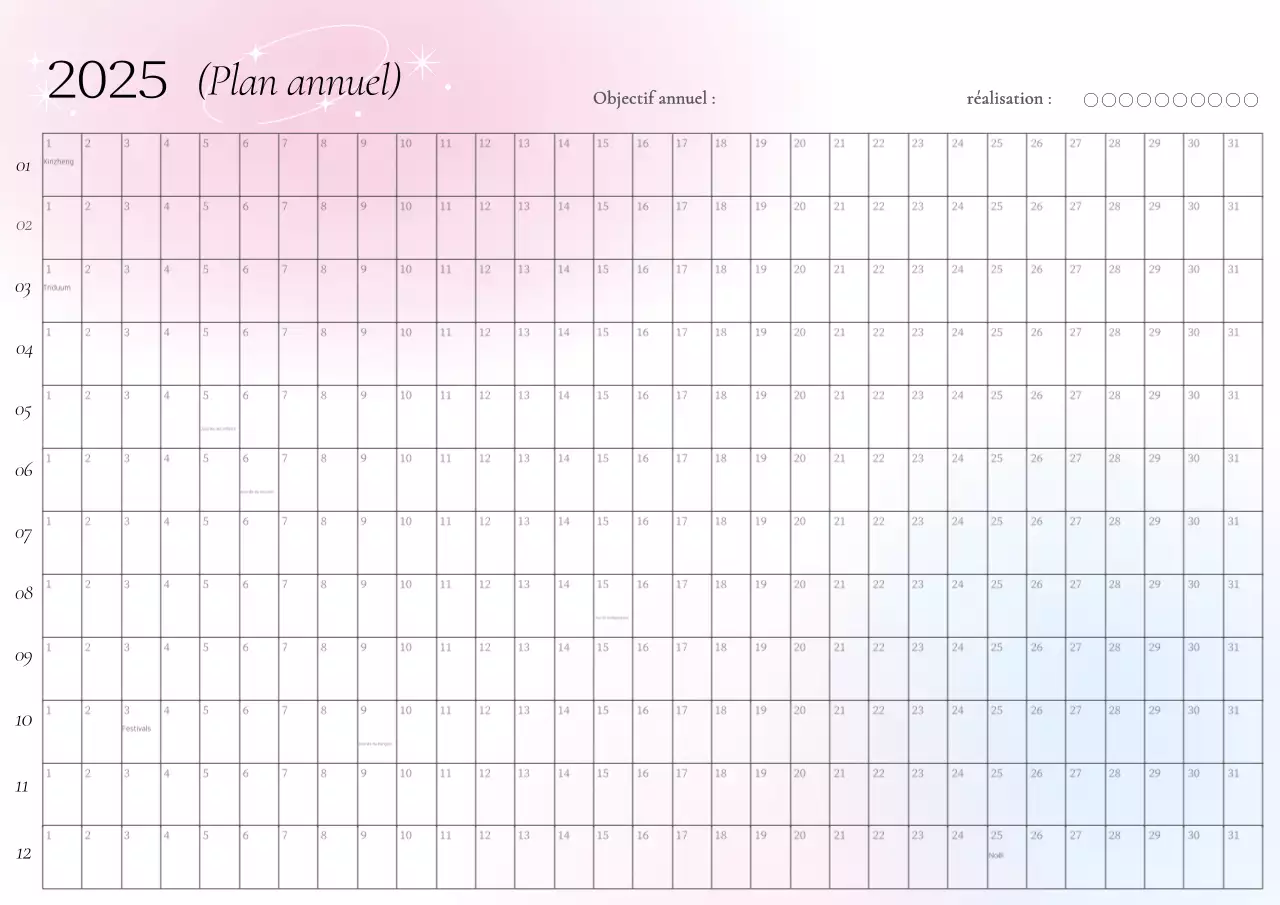 Calendrier annuel avec dégradé rose