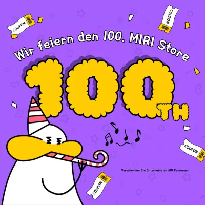 Eine lilafarbene und gelbe Pop-Art-Werbung für eine Gutscheinverlosung zur Feier des 100.