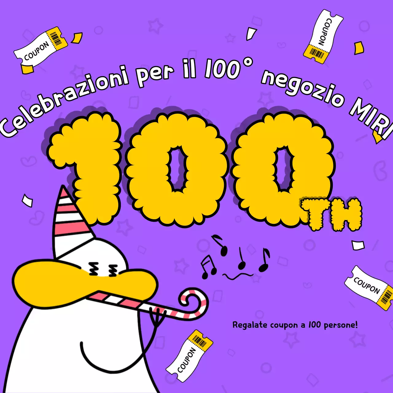 Una pubblicità pop-art viola e gialla per un buono sconto per celebrare il 100° negozio.