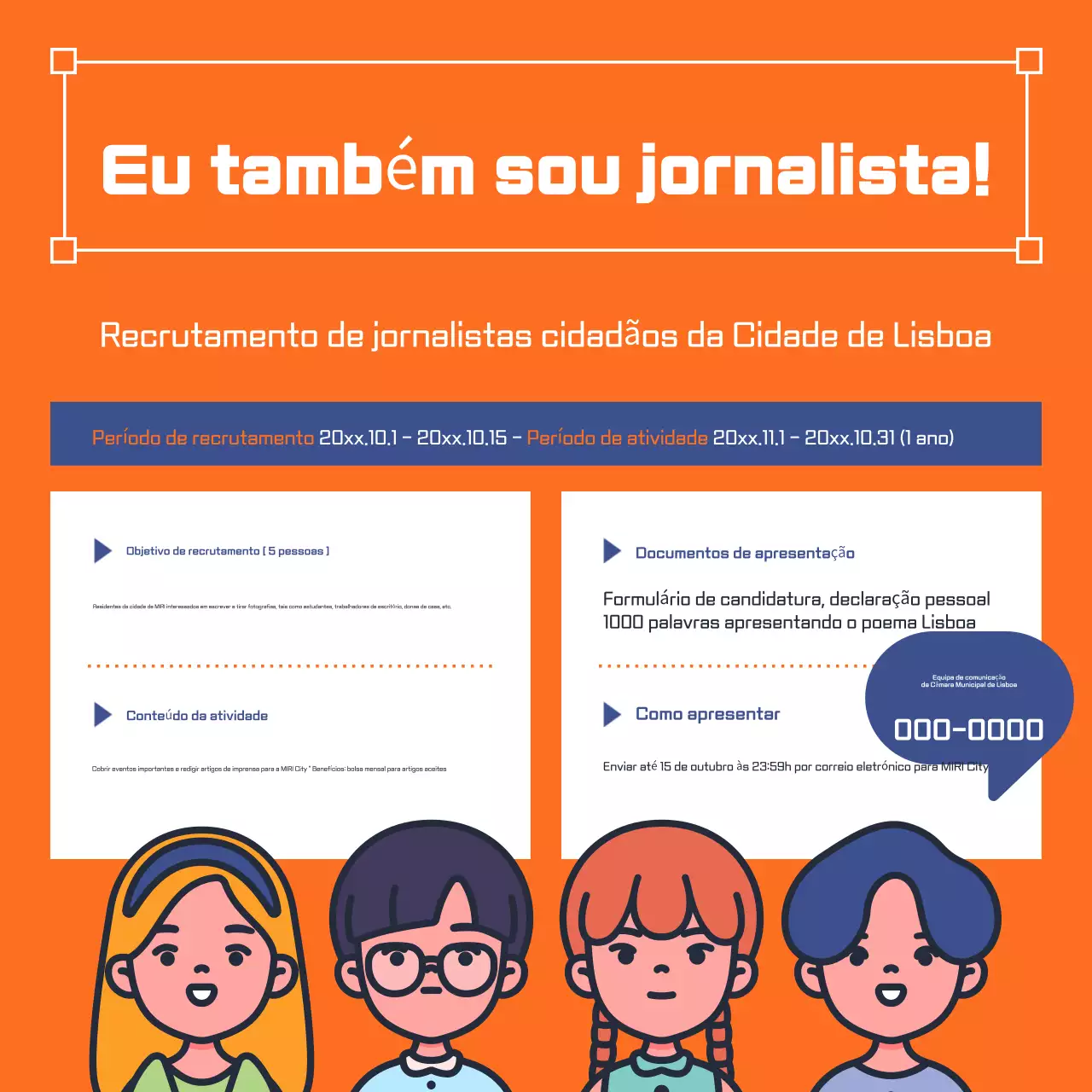Anúncio de recrutamento de jornalistas cidadãos laranja e azul-marinho