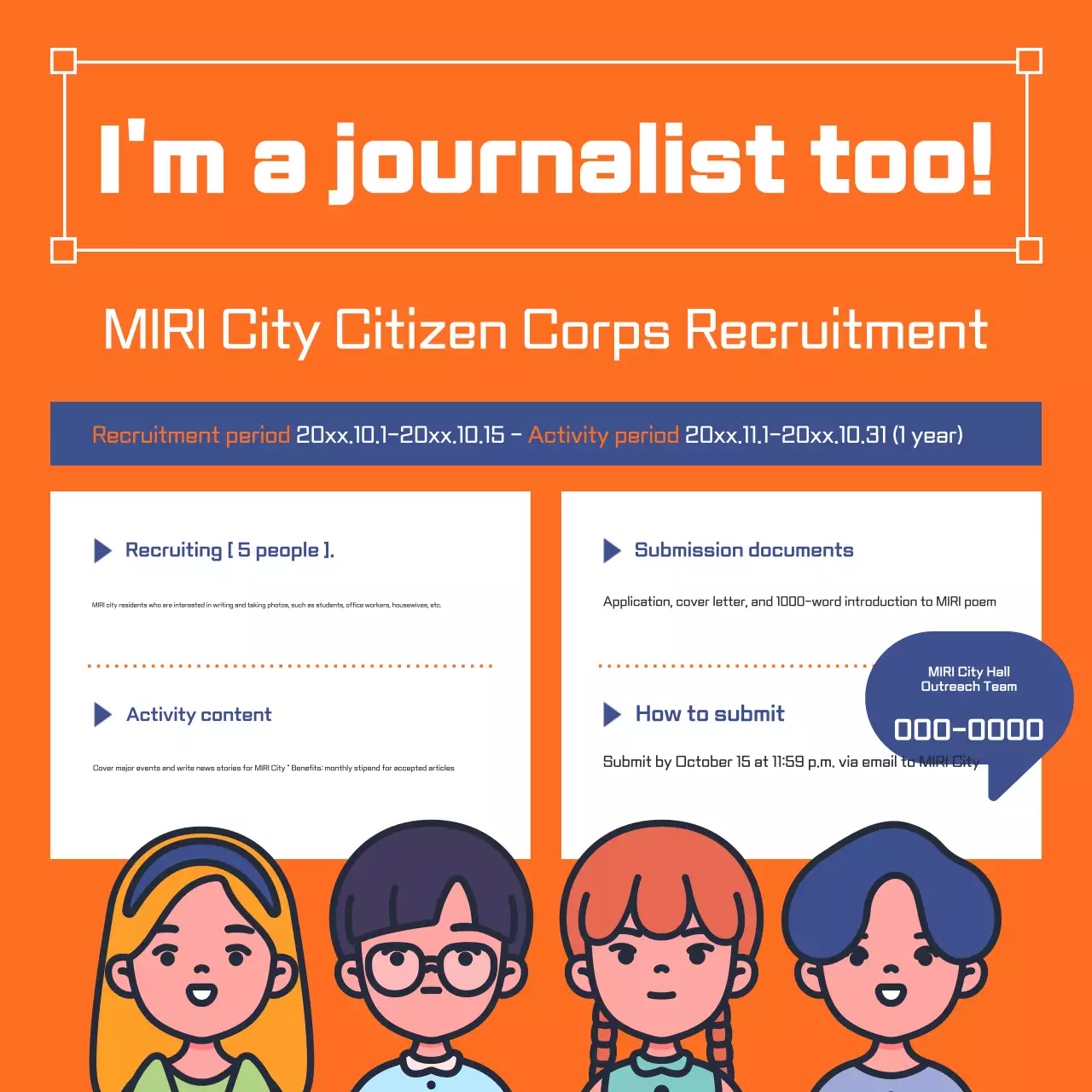 Anúncio de recrutamento de jornalistas cidadãos laranja e azul-marinho