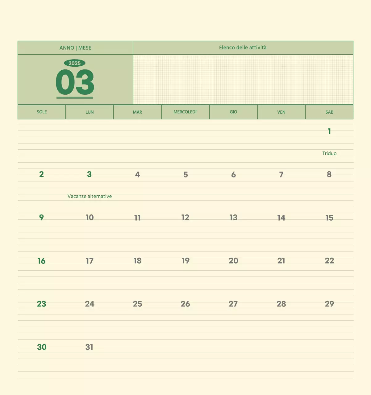 Calendario da parete SAT D-Day concept in verde e giallo chiaro