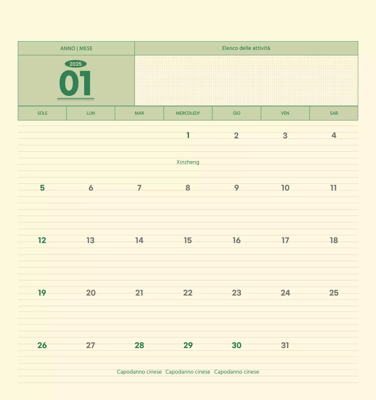 Calendario da parete SAT D-Day concept in verde e giallo chiaro