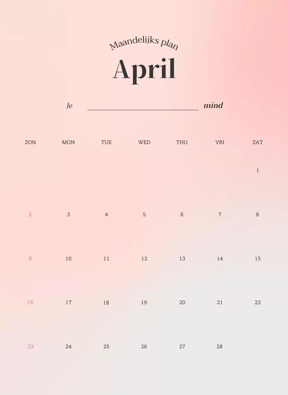 Minimalistische kalender met kleurverloop