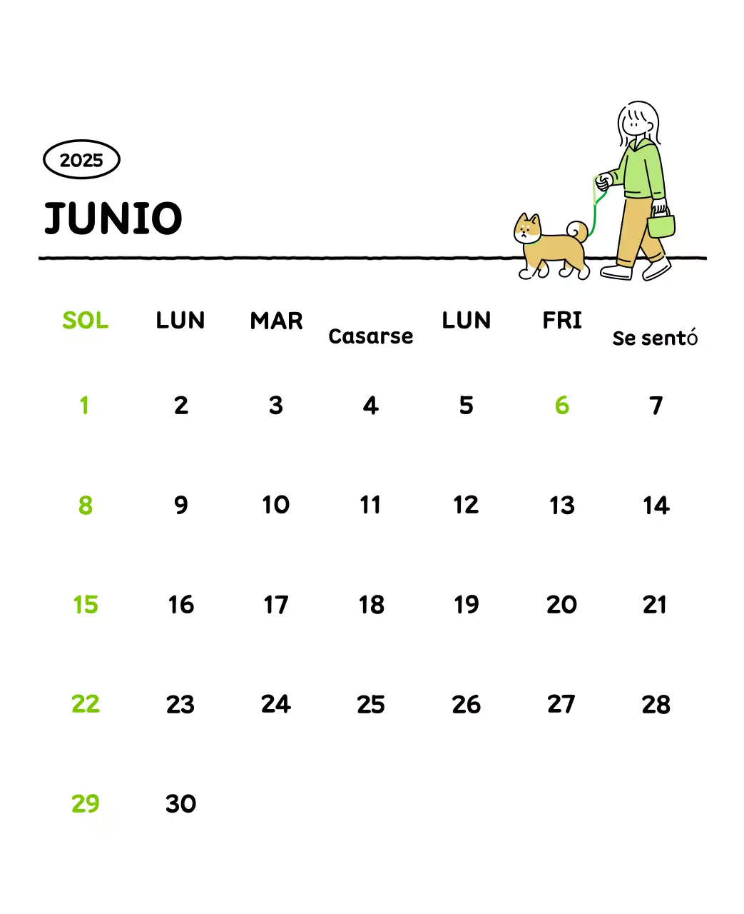 Calendario ilustrado con un bonito estilo de líneas