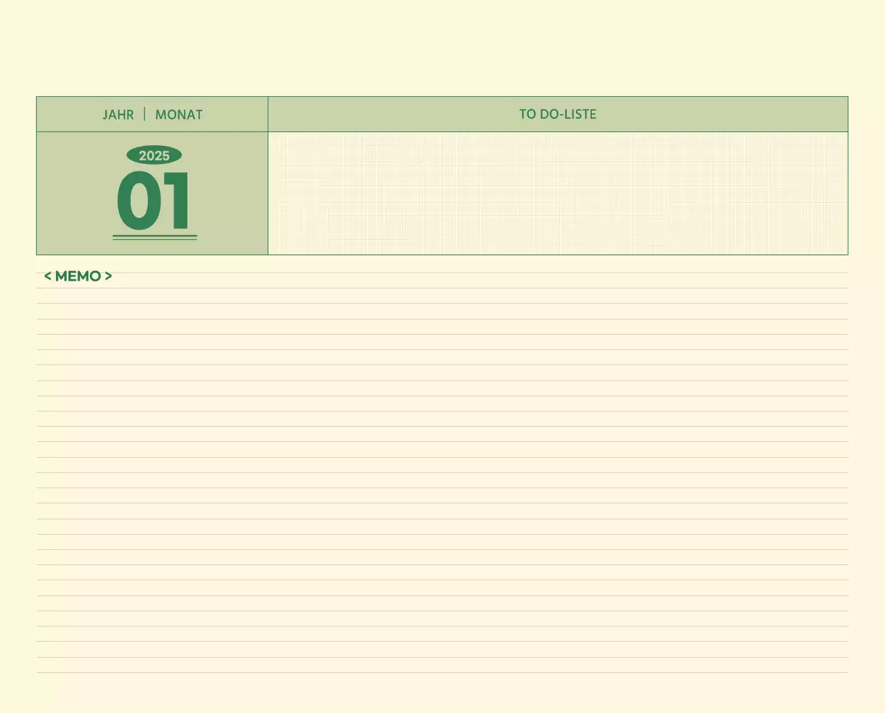 SAT D-Day Notizblock Konzept Wandkalender in grün und hellgelb