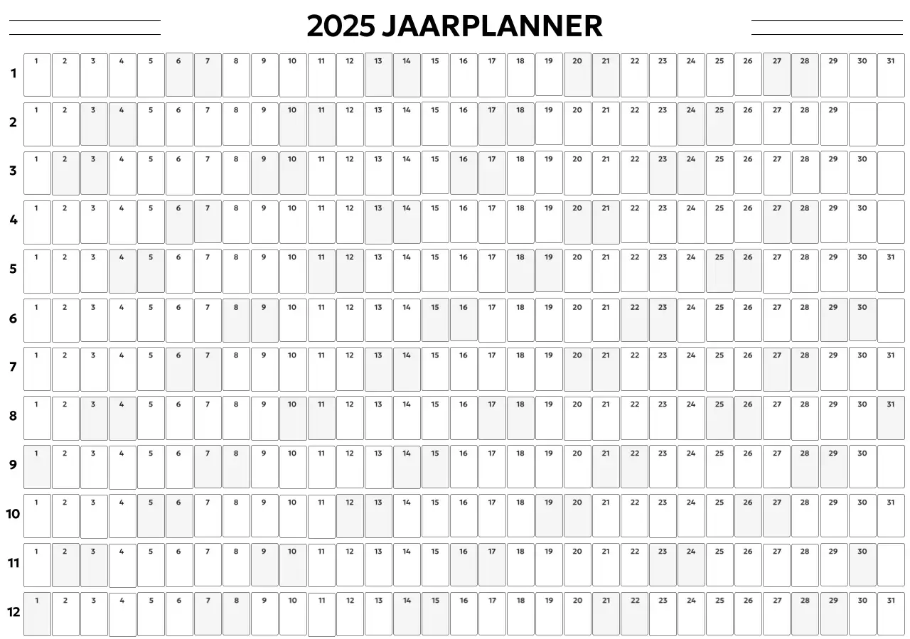 Een eenvoudige jaarkalender in een gotisch lettertype met afgeronde vierkantjes