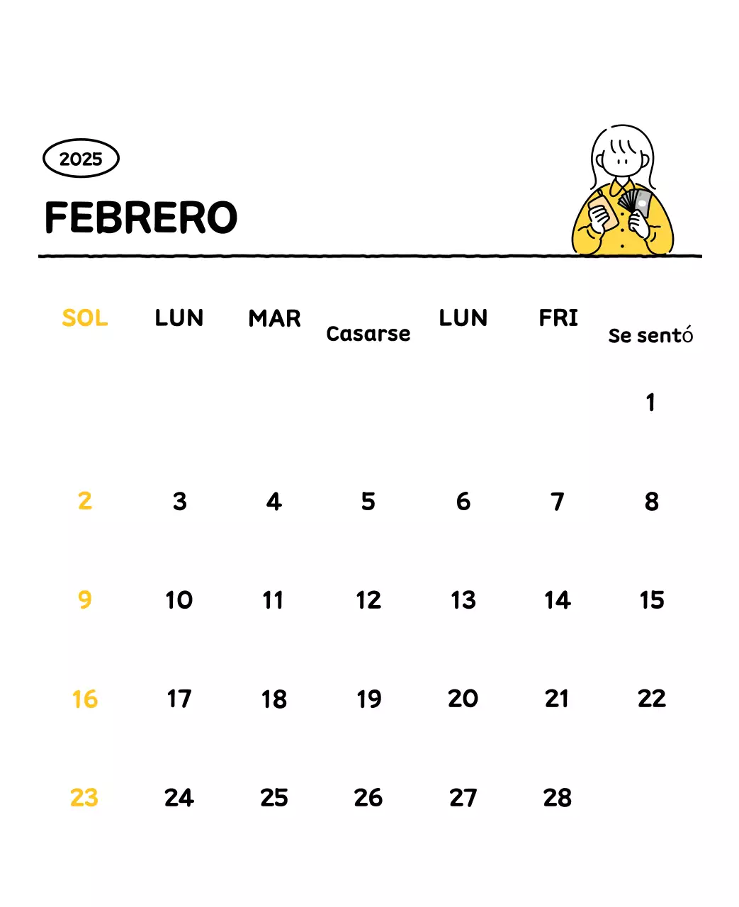 Calendario ilustrado con un bonito estilo de líneas