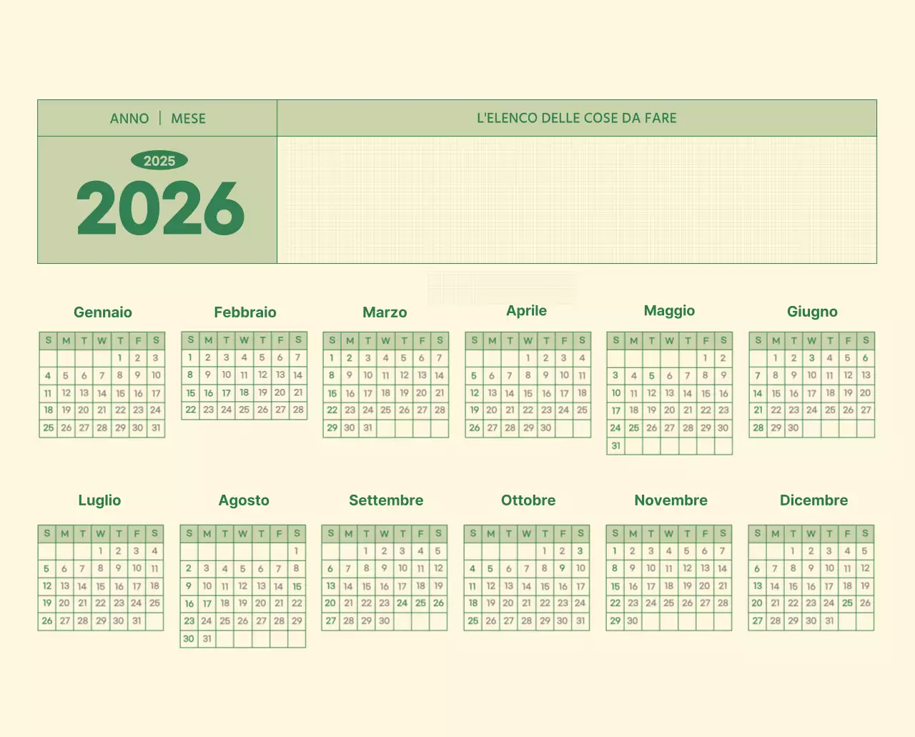 Calendario da parete SAT D-Day concept in verde e giallo chiaro