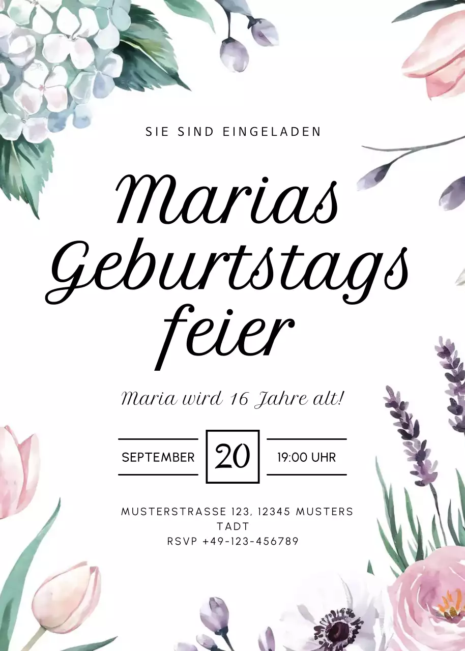 Weiß geblümte Geburtstagseinladung