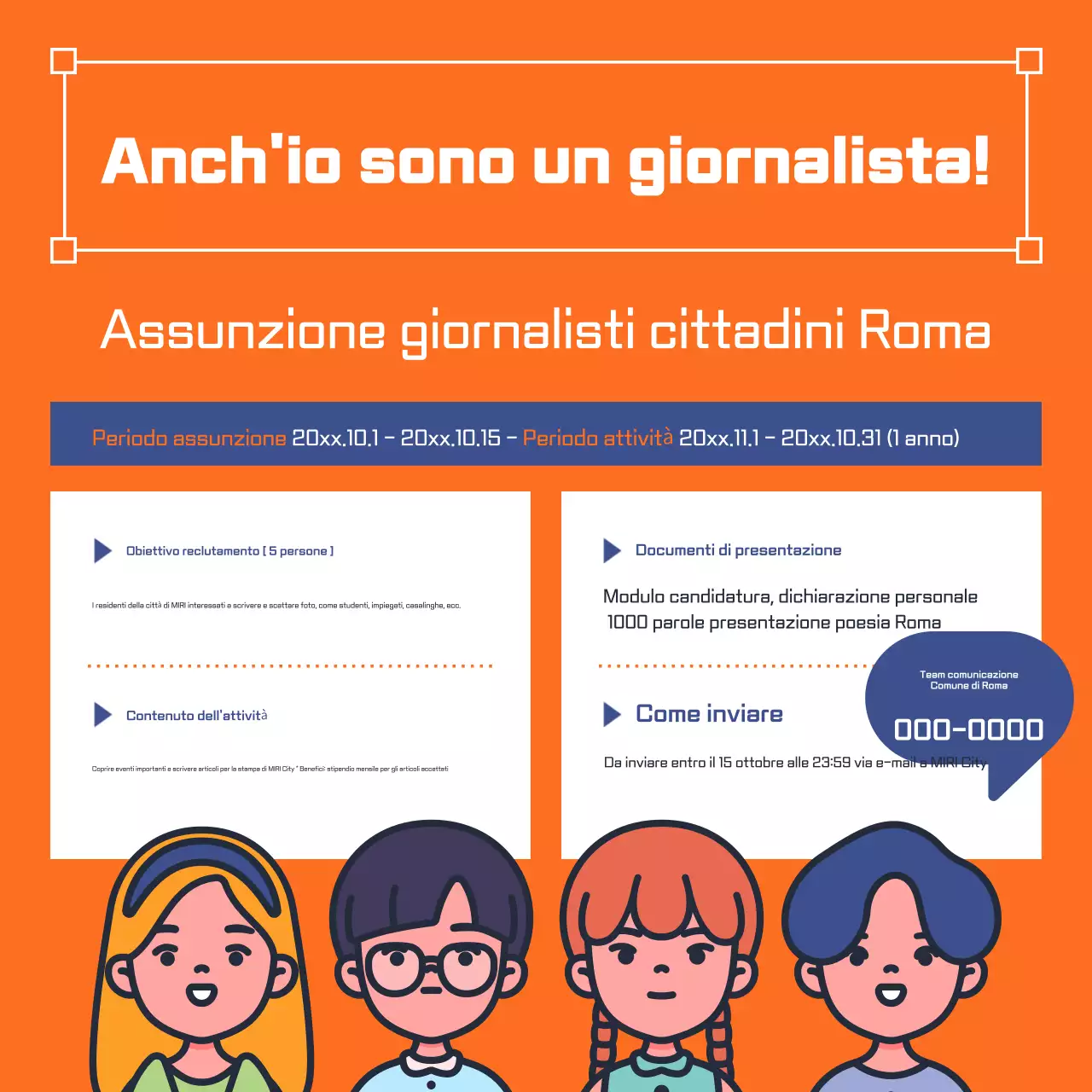 Avviso di reclutamento di citizen journalist in arancione e blu navy