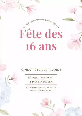 Invitation à une fête avec fleurs roses bleues, style élégant