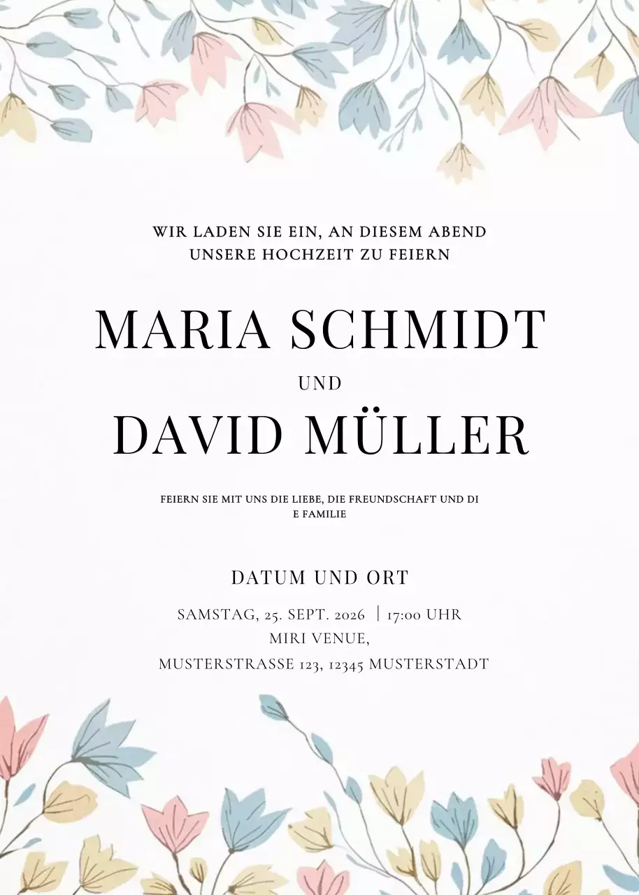 beige geblümte Hochzeitseinladung